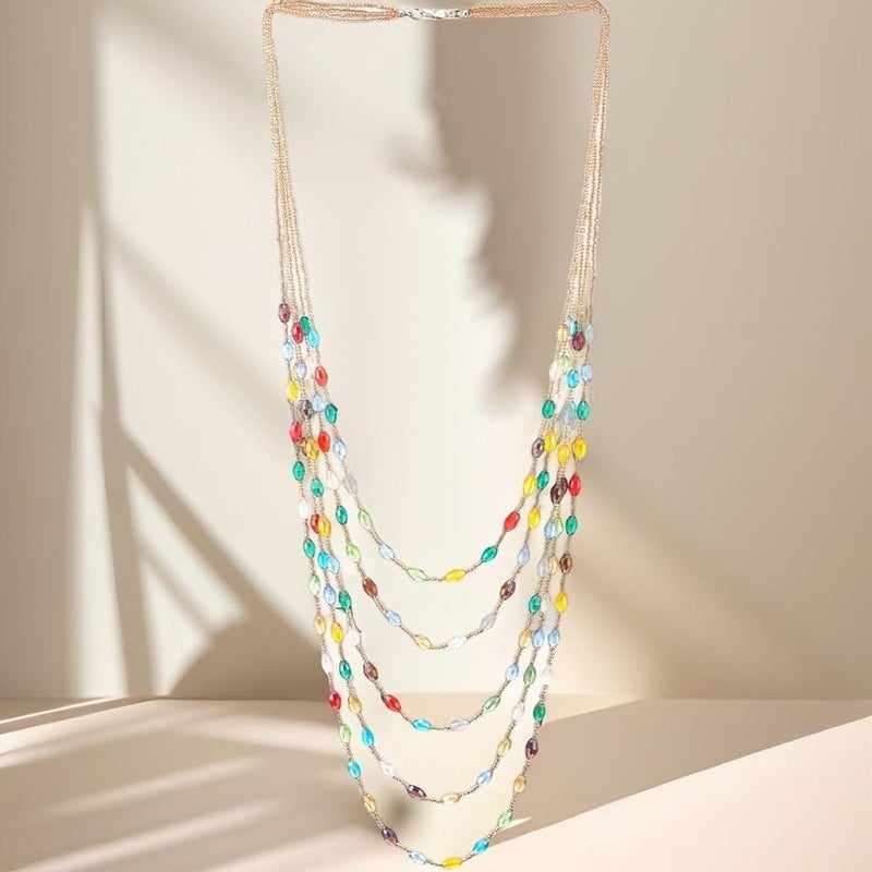 COOLSTEELANDBEYOND Oval Beads Statement Necklace Multi-Strand Long Chains with Crystal Charm Pendant - Image 2